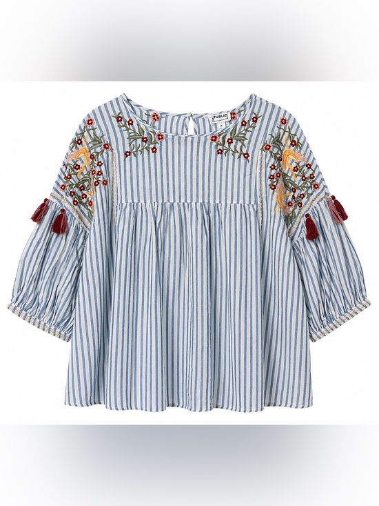 For The Republic Tops - For the Republic Boho Striped Embroidered Peasant Top- L